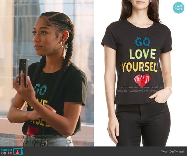 Alice + Olivia Rylyn Go Love Yourself Sparkle Tee worn by Drea Barris (Iman Benson) on BlackAF