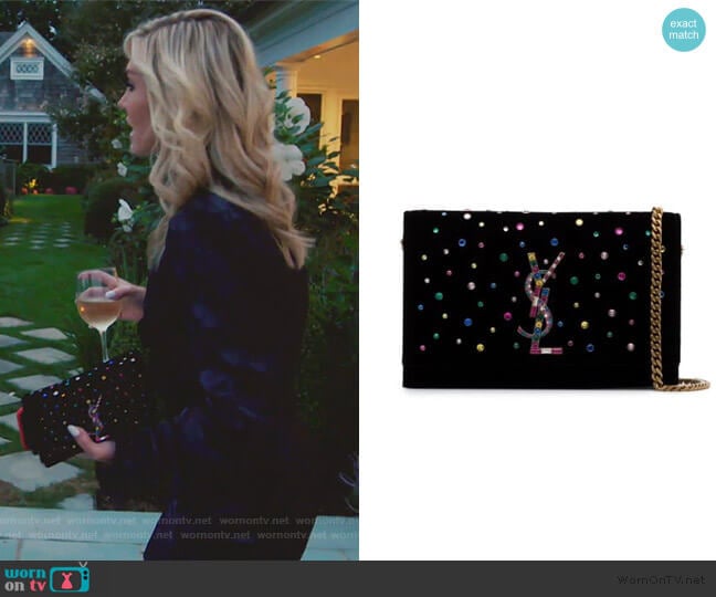 Saint Laurent Black Kate Crystal Embellished Velvet Chain Bag worn by Tinsley Mortimer on The Real Housewives of New York City
