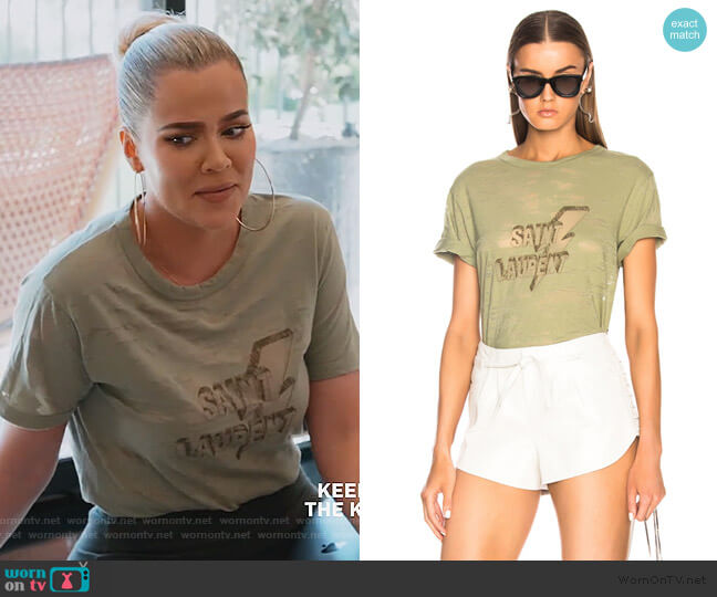 Saint Laurent Lightning Bolt Graphic Tee worn by Khloe Kardashian on Keeping Up with the Kardashians