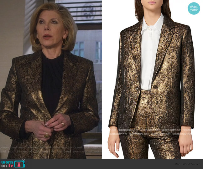 Sandro Floral Brocade Notch Lapel Blazer worn by Diane Lockhart (Christine Baranski) on The Good Fight