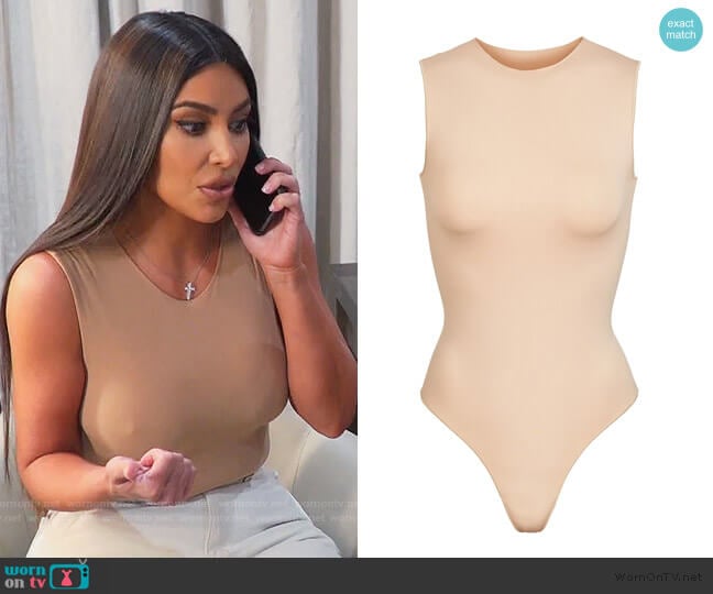 Skims Sleeveless Crew Neck Thong Bodysuit worn by Kim Kardashian on Keeping Up with the Kardashians