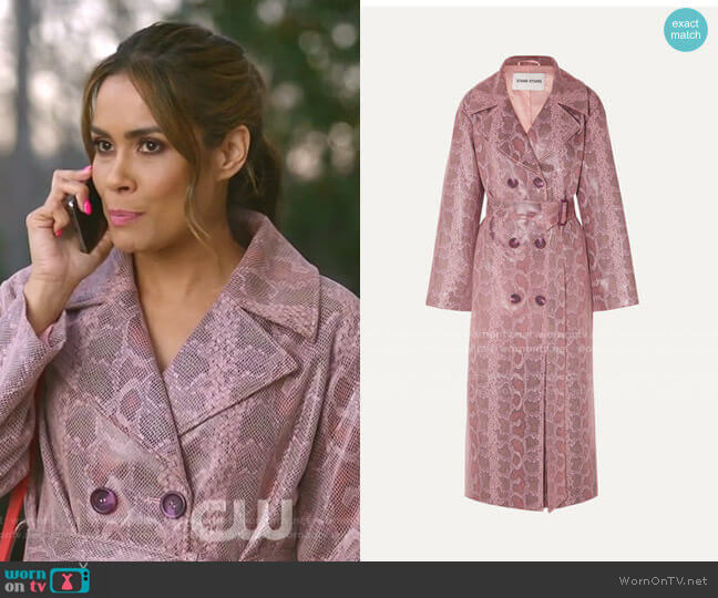 Stand Studio Snake-Effect Coated Vegan Leather Trench Coat worn by Cristal Jennings (Daniella Alonso) on Dynasty