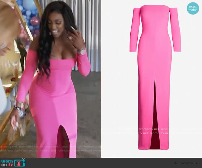 Solace London Odine off-the-shoulder stretch-ponté maxi dress worn by Porsha Williams on The Real Housewives of Atlanta