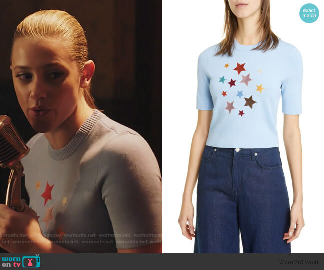 Staud Lunar Star Appliqué Short Sleeve Sweater worn by Betty Cooper (Lili Reinhart) on Riverdale