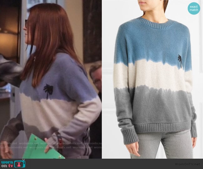 The Elder Statesman Tie Dye Palm Sweater worn by Karen Walker (Megan Mullally) on Will and Grace
