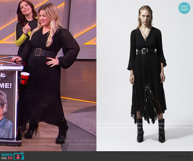 The Kooples Black Long Flowing Dress with Lace Detail worn by Kelly Clarkson on The Kelly Clarkson Show
