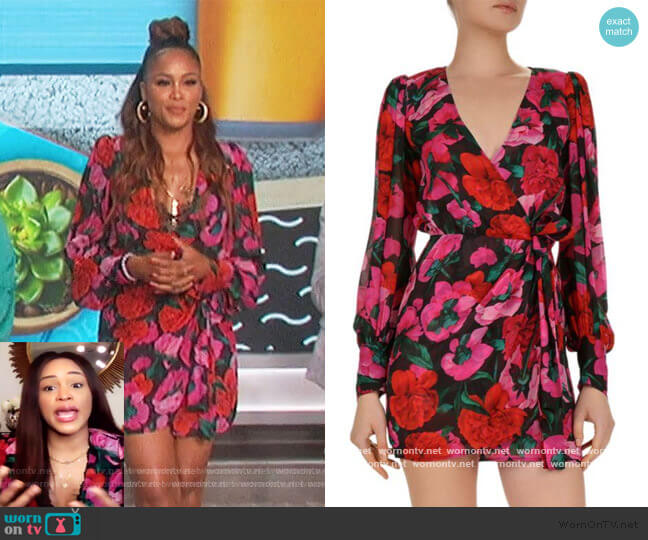 The Kooples Black Silk Wrap Dress with Floral Motif worn by Eve on The Talk