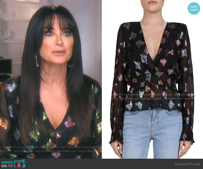 The Kooples Metallic Butterfly Pattern Blouse worn by Kyle Richards on The Real Housewives of Beverly Hills