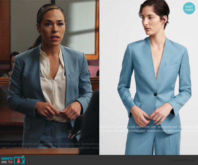 Theory Straple Jacket in Sleek Flannel worn by Emily Lopez (Jessica Camacho) on All Rise