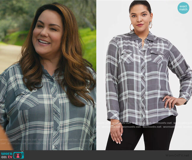 Torrid Grey Plaid Button Front Shirt worn by Katie Otto (Katy Mixon) on American Housewife