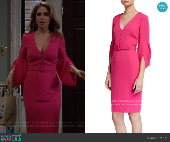 Badgley Mischka V-Neck Tulip-Sleeve Belted Sheath Dress worn by Olivia Falconeri (Lisa Lo Cicero) on General Hospital