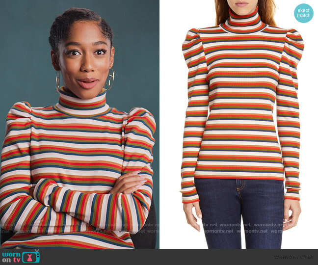 Veronica Beard Cedar Stripe Puff Sleeve Turtleneck Top worn by Drea Barris (Iman Benson) on BlackAF