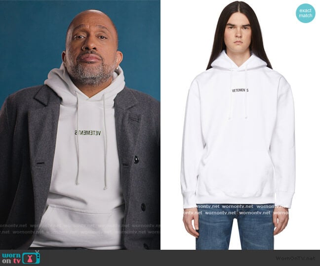 Vetements White Logo Hoodie worn by Kenya Barris (Kenya Barris) on BlackAF