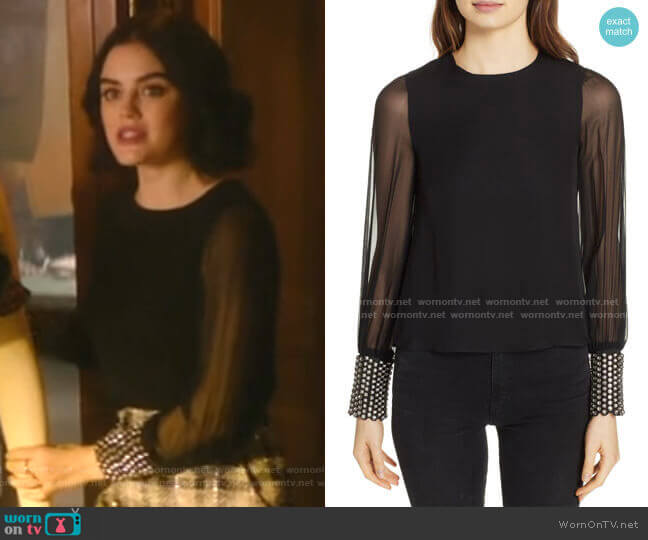 Alice + Olivia Vix Embellished Cuff Silk Blouse worn by Katy Keene (Lucy Hale) on Katy Keene