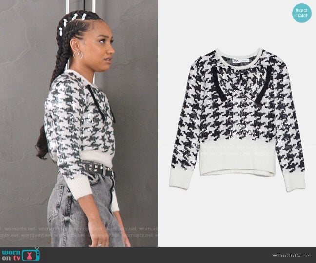 Zara Houndstooth Sequin Sweater worn by Chloe Barris (Genneya Walton) on BlackAF
