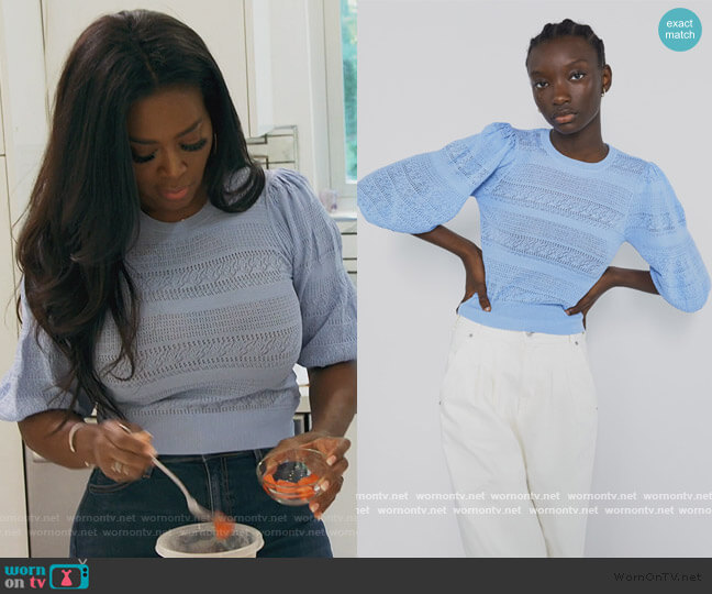 Zara Pointelle Sweater with Puff Sleeves worn by Kenya Moore on The Real Housewives of Atlanta
