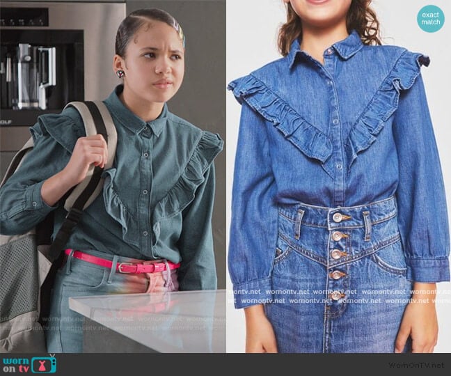 Zara Ruffle Denim Blouse worn by Izzy Barris (Scarlet Spencer) on BlackAF