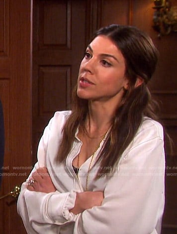 Abigail’s white contrast stitch blouse on Days of our Lives