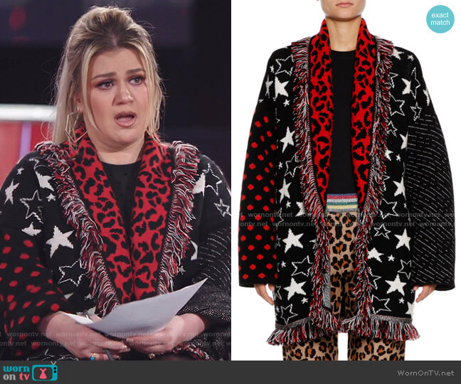 Alanui Star & Big Moon Mixed-Intarsia Cardigan worn by Kelly Clarkson on The Voice