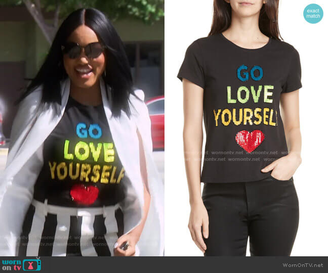 Alice + Olivia Rylyn Go Love Yourself Sparkle Tee worn by Garcelle Beauvais on The Real Housewives of Beverly Hills