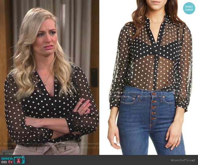 Alice + Olivia Sheila Embroidered Sheer Blouse worn by Gemma (Beth Behrs) on The Neighborhood