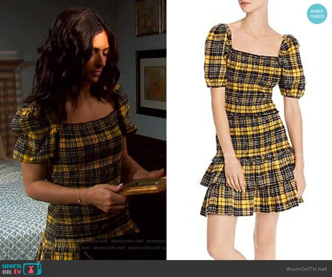 Aqua Puff-Sleeve Plaid Smocked Top & Flannel Skirt worn by Gabi Hernandez (Camila Banus) on Days of our Lives