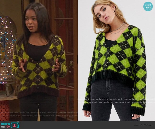 The Ragged Priest Oversized Cardigan in check worn by Nia Baxter (Navia Robinson) on Ravens Home