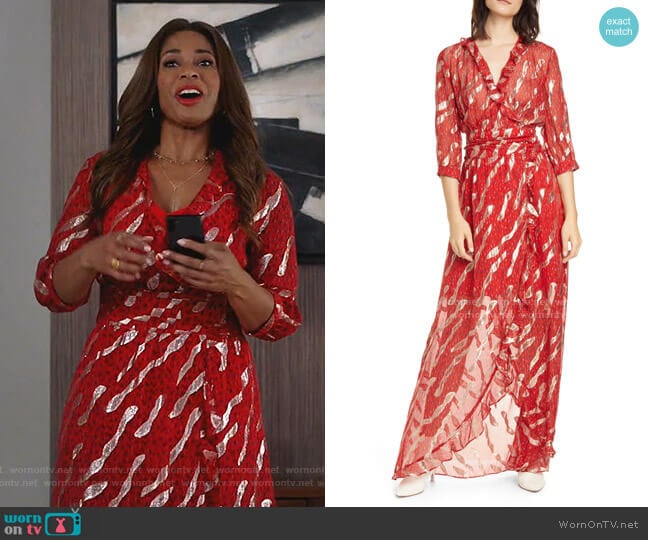 Ba&Sh Hali Metallic Print Silk Blend Maxi Dress worn by Poppy (Kimrie Lewis) on Single Parents