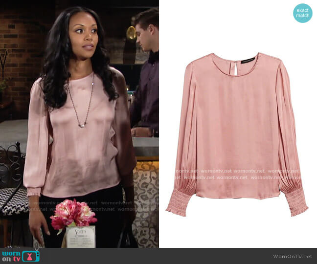 Banana Republic Satin Smocked-Sleeve Blouse worn by Amanda Sinclair (Mishael Morgan) on The Young and the Restless