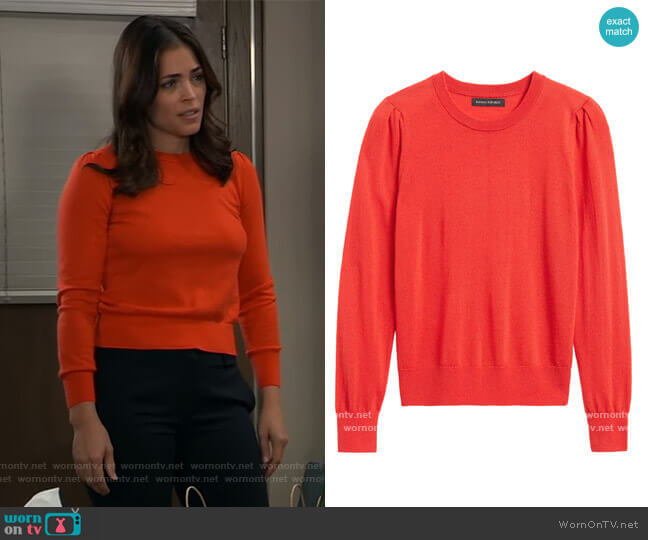 Banana Republic Washable Merino Puff-Sleeve Sweater worn by Britt Westbourne (Kelly Thiebaud) on General Hospital