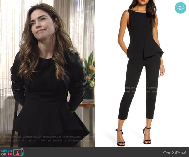 Black Halo Kasia Peplum Detail Sleeveless Jumpsuit worn by Victoria Newman (Amelia Heinle) on The Young and the Restless