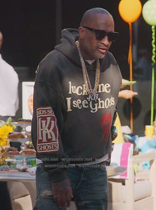 Kenya’s gray I See Ghosts hoodie on BlackAF