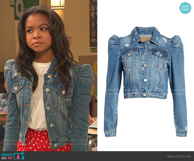 Blank NYC Crop Puff Shoulder Denim Jacket worn by Nia Baxter (Navia Robinson) on Ravens Home