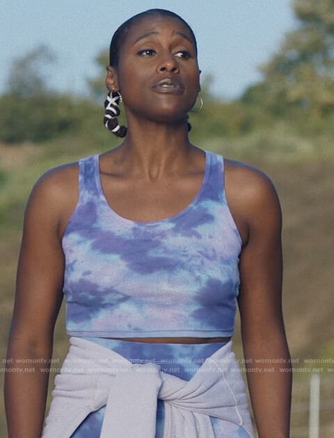 Issa’s blue tie dye top and shorts on Insecure