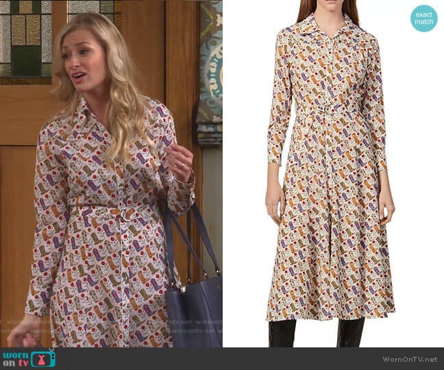 Sandro Cowboy Boot Print Shirt Dress worn by Gemma (Beth Behrs) on The Neighborhood