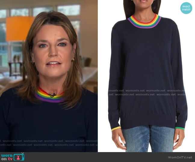 Burberry Dales Rainbow Trim Merino Wool Sweater worn by Savannah Guthrie on Today