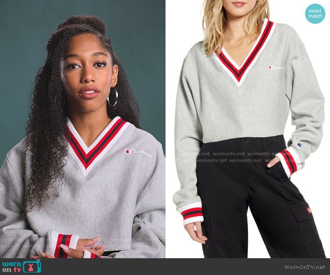 Champion Yarn Dye Stripe Trim Reverse Weave Crop Sweatshirt worn by Drea Barris (Iman Benson) on BlackAF