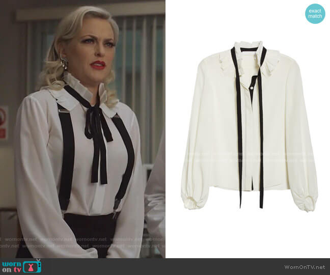 Chloe Ruffle Tie Neck Silk Blouse worn by Alexis Carrington (Elaine Hendrix) on Dynasty