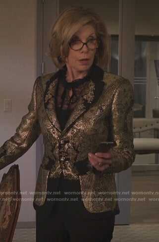 Diane’s gold jacquard blazer on The Good Fight