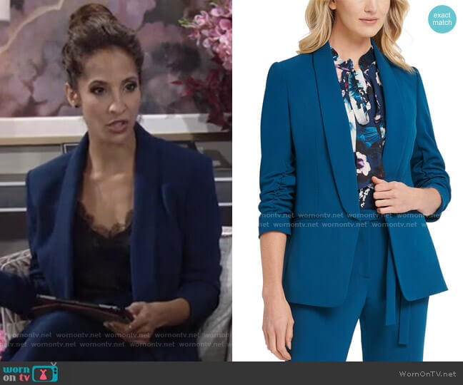 DKNY Ruched-Sleeve Open-Front Blazer worn by Lily Winters (Christel Khalil) on The Young and the Restless