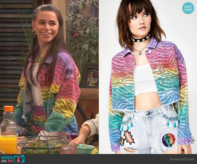 Dolls Kill Zebra Spectrum Denim Jacket worn by Tess O'Malley (Sky Katz) on Ravens Home