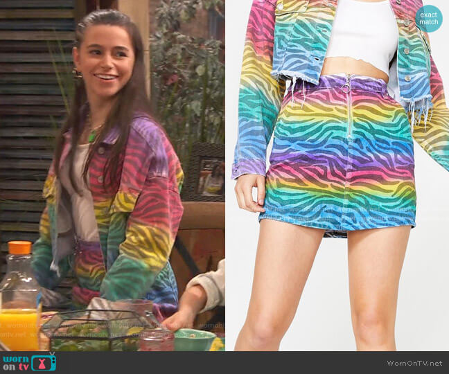 Dolls Kill Zebra Spectrum Denim Skirt worn by Tess O'Malley (Sky Katz) on Ravens Home