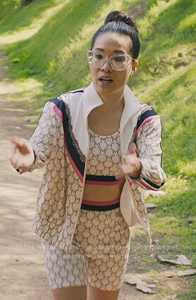 Doris’s printed track jacket and top on American Housewife
