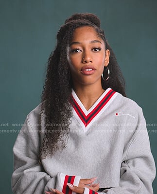 Drea’s Champion grey v-neck cropped sweatshirt on BlackAF