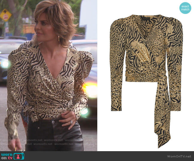 Dundas Cropped Metallic Printed Crepe Wrap Blouse worn by Lisa Rinna on The Real Housewives of Beverly Hills