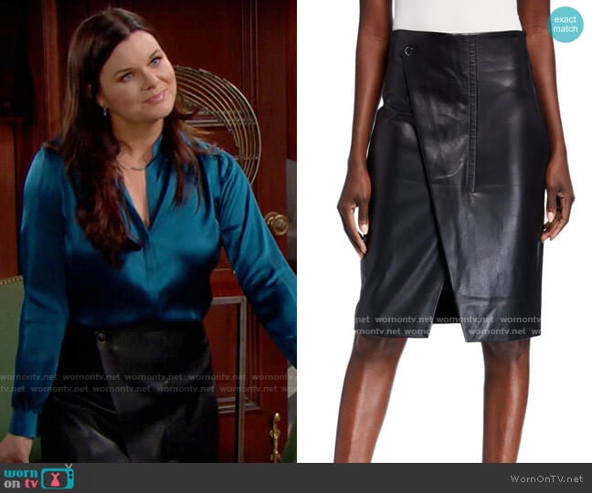 Elie Tahari Jade Faux-Leather Wrap Front Skirt worn by Katie Logan (Heather Tom) on The Bold and the Beautiful