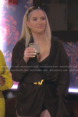Erika’s black satin wrap mini dress on The Real Housewives of Beverly Hills