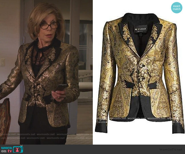 Etro Metallic Paisley Jacquard Blazer worn by Diane Lockhart (Christine Baranski) on The Good Fight