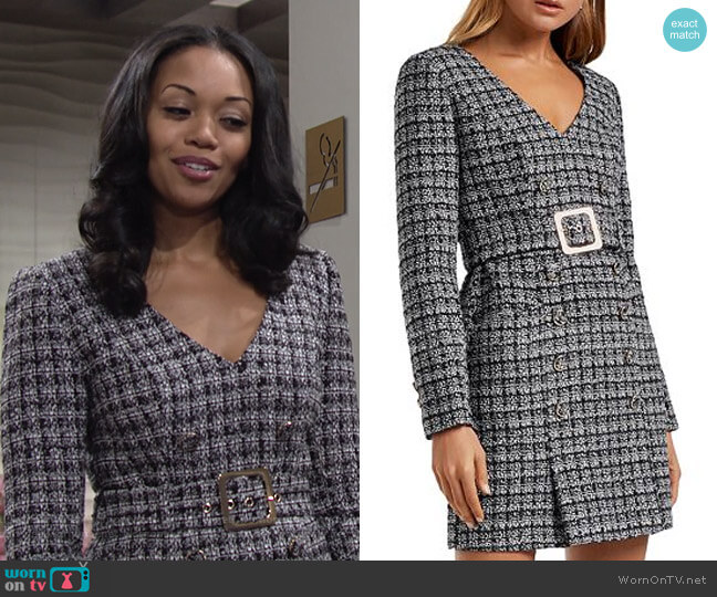 Ever New Celine Belted Bouclé Mini Dress worn by Amanda Sinclair (Mishael Morgan) on The Young and the Restless