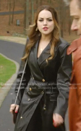 Fallon’s black double breasted leather coat on Dynasty